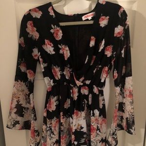 Black, floral romper with butterfly sleeves